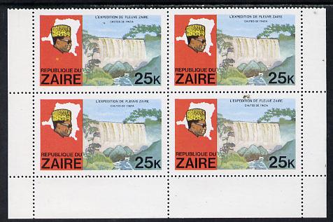 Zaire 1979 River Expedition 25k Inzia Falls block of 4, one stamp with dark flaw above value & confetti flaw in panel unmounted mint (as SG 958), stamps on waterfalls