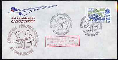Postmark - France 1977 illustrated commem cover for the 'Strasbourg Exposition Aerophilatelique' with illustrated cancel showing Concorde, & Mach 2 Anniversary cachet in red, stamps on aviation, stamps on concorde