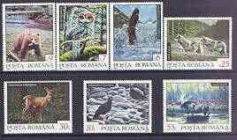 Rumania 1992 Animals perf set of 7 unmounted mint, SG 5478-84, stamps on animals, stamps on birds, stamps on birds of prey, stamps on eagles, stamps on owls, stamps on bears, stamps on wolf, stamps on deer, stamps on elk