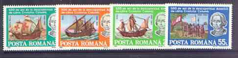 Rumania 1992 500th Anniversary of Discovery of America by Columbus set of 4 unmounted mint, SG 5466-69*, stamps on explorers, stamps on columbus, stamps on ships