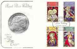 Guernsey 1972 Royal Silver Wedding & Christmas (Stained Glass Windows) set of 4 on illustrated cover with first day cancel, stamps on christmas, stamps on royalty, stamps on stained glass, stamps on silver wedding, stamps on 