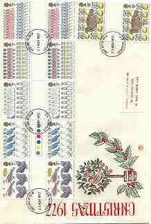 Great Britain 1977 Christmas - Twelve Days of Christmas set of 6 gutter pairs on illustrated cover with first day cancel, stamps on christmas, stamps on dancing, stamps on music, stamps on fruit