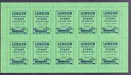 Exhibition souvenir sheet for 1960 London International Stamp Exhibition containing 10 perf labels in green unmounted mint, stamps on cinderella, stamps on stamp exhibitions, stamps on 