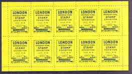 Exhibition souvenir sheet for 1960 London International Stamp Exhibition containing 10 perf labels in yellow unmounted mint, stamps on cinderella, stamps on stamp exhibitions, stamps on 