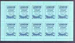 Exhibition souvenir sheet for 1960 London International Stamp Exhibition containing 10 perf labels in blue unmounted mint, stamps on cinderella, stamps on stamp exhibitions, stamps on 
