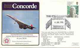 Postmark - Great Britain 1976 USA Bicentenary illustrated Concorde flight covers London - Paris - Washington & return flight both with 4 July commem cancels with cachets ..., stamps on aviation, stamps on concorde, stamps on americana
