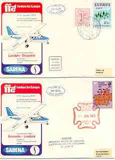 Great Britain 1973 Britain's Entry into EEC set of 2 illustrated covers flown on Sabena Islander OO-GVS London to Brussels and back, both cancelled 11 Jan with Cachets, stamps on aviation, stamps on constitutions, stamps on europa