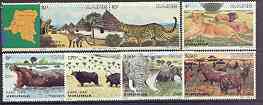 Zaire 1982 Virunga National Park (Animals) set of 7 plus label unmounted mint, SG 1120-26, Mi 779-85, stamps on animals, stamps on lions, stamps on cats, stamps on buffalo, stamps on elephants, stamps on topi, stamps on hippo, stamps on apes, stamps on leopard, stamps on national parks, stamps on parks