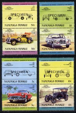 Tuvalu - Nanumaga 1984 Cars #2 (Leaders of the World) set of 8 opt'd SPECIMEN unmounted mint, stamps on cars    ford    dodge    alvis    mercedes