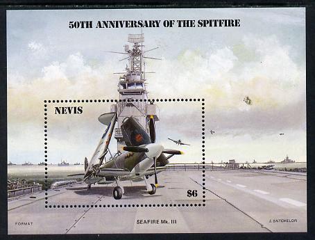 Nevis 1986 Spitfire (Seafire) on Aircraft Carrier m/sheet unmounted mint SG MS 376. , stamps on aviation, stamps on  ww2 , stamps on  raf , stamps on ships, stamps on flat tops , stamps on  raf , stamps on 
