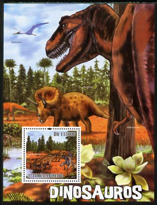 St Thomas & Prince Islands 2010 Dinosaurs perf s/sheet unmounted mint, stamps on dinosaurs