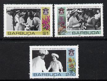 Barbuda 1986 Queens 60th Birthday set of 3 (SG 861-3) unmounted mint, stamps on royalty        60th birthday