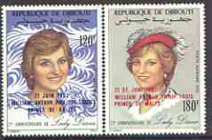 Djibouti 1982 Birth of Prince William opt on 21st Birthday perf set of 2 unmounted mint, Mi 346-47A, stamps on royalty, stamps on william, stamps on diana, stamps on 