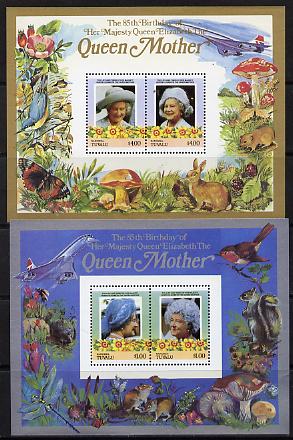 Tuvalu - Nanumea 1985 Life & Times of HM Queen Mother (Leaders of the World) the set of 2 m/sheets containing 2 x $1.00 and 2 x $4.00 values (depicts Concorde, Fungi, Butterflies, Birds & Animals) unmounted mint, stamps on animals, stamps on aviation, stamps on birds, stamps on butterflies, stamps on fungi, stamps on royalty, stamps on queen mother, stamps on concorde, stamps on aviation
