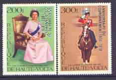 Upper Volta 1978 25th Anniversary of Coronation optd on Silver Jubilee perf set of 2, opt in silver unmounted mint, Mi 727-28*, stamps on royalty, stamps on silver jubilee, stamps on coronation, stamps on horses