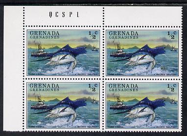 Grenada - Grenadines 1976 Tourism 1/2c (Fishing boat & Sailfish) unmounted mint corner block of 4, one stamp with red flaw in sky (R1/1) SG 155, stamps on , stamps on  stamps on fishing  marine-life  ships, stamps on  stamps on gamefish