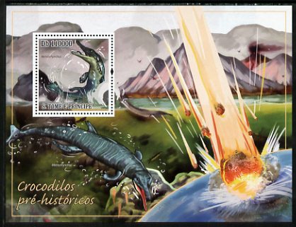 St Thomas & Prince Islands 2010 Pre-historic Crocodiles perf s/sheet unmounted mint, stamps on dinosaurs, stamps on crocodiles, stamps on volcanoes