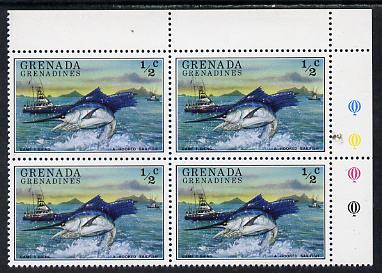 Grenada - Grenadines 1976 Tourism 1/2c (Fishing boat & Sailfish) unmounted mint corner block of 4, one stamp with red flaw on boat (R1/5) SG 155, stamps on fishing  marine-life  ships, stamps on gamefish