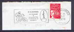 Postmark - France rectangular piece bearing French adhesive with Fourmies illustrated cancel showing a Cyclist, stamps on bicycles