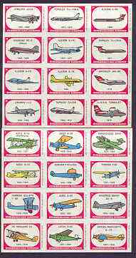 Czech Airlines - proof sheets comprising 24 match box labels showing various aircraft used between 1923 and 1976 (2 sheets of 12), stamps on aviation, stamps on junkers, stamps on fokker, stamps on douglas, stamps on dc, stamps on farman, stamps on de haviland, stamps on dh, stamps on savoia, stamps on 