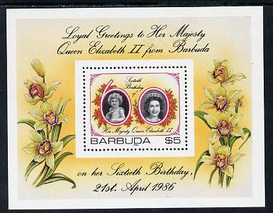 Barbuda 1986 Queen's 60th Birthday $5 m/sheet (SG MS 864) unmounted mint, stamps on orchids     royalty      60th birthday
