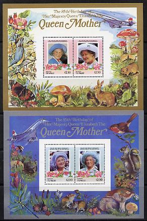 Tuvalu - Vaitupu 1985 Life & Times of HM Queen Mother (Leaders of the World) the set of 2 m/sheets containing 2 x $2.00 and 2 x $2.50 values (depicts Concorde, Fungi, But..., stamps on animals, stamps on aviation, stamps on birds, stamps on butterflies, stamps on fungi, stamps on royalty, stamps on queen mother, stamps on concorde, stamps on aviation