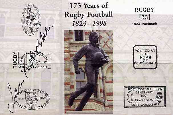Postcard privately produced in 1998 (coloured) for the 175th Anniversary of Rugby, signed by Ian Robertson (Scotland - 8 caps, now BBC commentator) unused and pristine, stamps on rugby, stamps on sport, stamps on scots, stamps on scotland