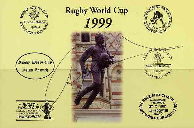 Postcard privately produced in 1999 (coloured) for the Rugby World Cup, signed by Josh Kronfeld (New Zealand - 54 caps & Leicester) unused and pristine, stamps on rugby, stamps on sport