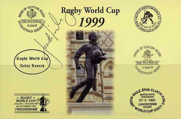 Postcard privately produced in 1999 (coloured) for the Rugby World Cup, signed by Fereti Tuilagi (Samoa - 8 caps & Leicester) unused and pristine, stamps on rugby, stamps on sport