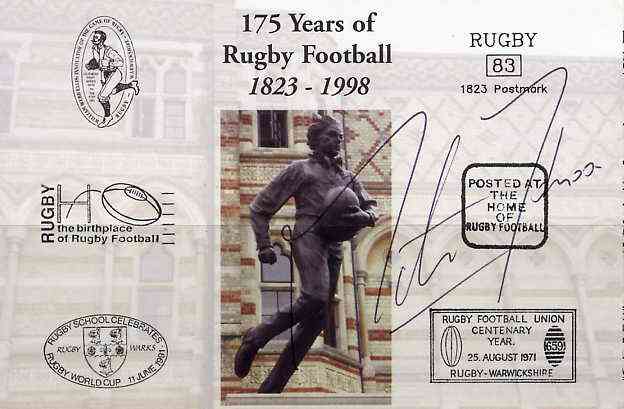 Postcard privately produced in 1998 (coloured) for the 175th Anniversary of Rugby, signed by Martin Johnson (England - 63 caps, British Lions & Leicester capt) unused and..., stamps on rugby, stamps on sport