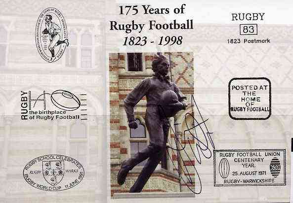 Postcard privately produced in 1998 (coloured) for the 175th Anniversary of Rugby, signed by Dorian West (England - 13 caps & Leicester) unused and pristine, stamps on rugby, stamps on sport