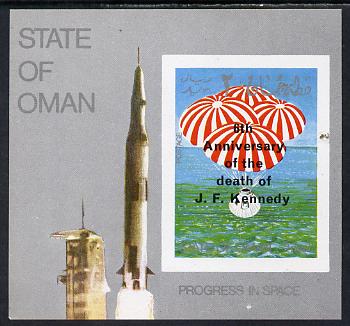 Oman 1969 Progress in Space imperf m/sheet optd with 6th Death Anniversary of Kennedy unmounted mint, stamps on kennedy, stamps on personalities, stamps on space, stamps on parachutes, stamps on death