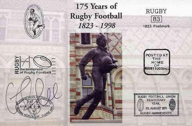 Postcard privately produced in 1998 (coloured) for the 175th Anniversary of Rugby, signed by Graham Rowntree (England - 33 caps & Leicester) unused and pristine, stamps on rugby, stamps on sport