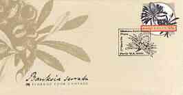 Australia 1986 Banksia serrata 33c postal stationery envelope (from Flora on Cook's Voyage series) with illustrated first day cancellation, stamps on flora, stamps on flowers, stamps on cook, stamps on explorers