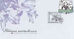 Australia 1986 Hibiscus meraukensis 33c postal stationery envelope (from Flora on Cook's Voyage series) with illustrated first day cancellation, stamps on flora, stamps on flowers, stamps on cook, stamps on explorers