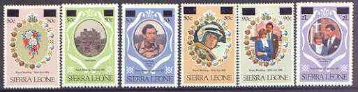 Sierra Leone 1982 surcharged set of 6 unmounted mint, SG 695-700, stamps on royalty, stamps on charles, stamps on diana