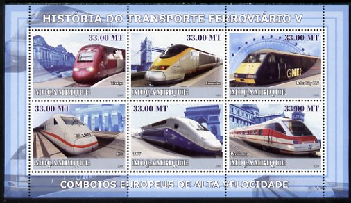 Mozambique 2009 History of Transport - Railways #05 perf sheetlet containing 6 values unmounted mint, stamps on transport, stamps on railways, stamps on london, stamps on bridges