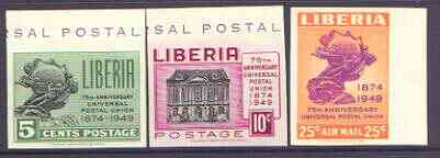 Liberia 1950 75th Anniversary of Universal Postal Union set of 3 imperf unmounted mint as SG 711-13, stamps on , stamps on  upu , stamps on 