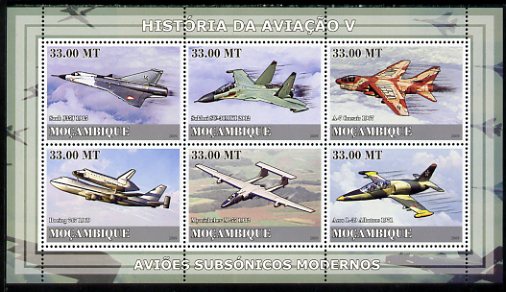 Mozambique 2009 History of Transport - Aviation #05 perf sheetlet containing 6 values unmounted mint, stamps on transport, stamps on aviation, stamps on saab, stamps on boeing, stamps on 