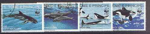 St Thomas & Prince Islands 1992 WWF - Dolphins complete perf set of 4 fine cto used*, stamps on whales, stamps on dolphins, stamps on animals, stamps on marine life, stamps on  wwf , stamps on 