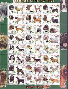 Timor (East) 2000 Dogs #01 perf sheetlet containing 24 values each with Scouts & Rotary Logos fine cto used, stamps on scouts, stamps on rotary, stamps on dogs, stamps on mastiff, stamps on springer, stamps on spaniel, stamps on irish, stamps on wolfhound, stamps on fox terier, stamps on pomeranian, stamps on chihuahua, stamps on uorkshire, stamps on pekingese, stamps on maltese, stamps on cairn