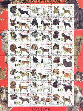 Timor (East) 2000 Dogs #03 perf sheetlet containing 24 values each with Scouts & Rotary Logos fine cto used, stamps on scouts, stamps on rotary, stamps on dogs, stamps on rotweiler, stamps on  gsd , stamps on mastiff, stamps on labrador, stamps on retriever, stamps on staffordshire, stamps on poodle, stamps on springer, stamps on schnauzer, stamps on beagle, stamps on bulldog, stamps on basset, stamps on bull, stamps on terrier, stamps on doberman, stamps on red, stamps on setter, stamps on shetland, stamps on sheepdog, stamps on collie, stamps on airdale