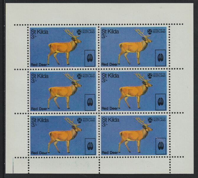 St Kilda 1970 Red Deer 3s complete perf sheetlet of 6 (from Wildlife set) unmounted mint, stamps on animals, stamps on deer