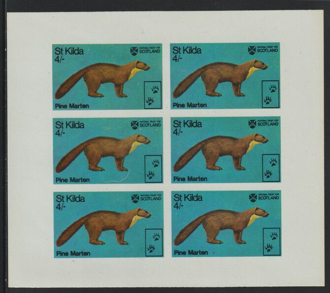 St Kilda 1970 Pine Marten 4s complete imperf sheetlet of 6 (from Wildlife set) unmounted mint, stamps on animals, stamps on marten