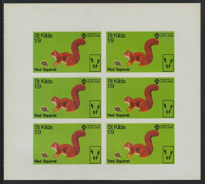 St Kilda 1970 Red Squirrel 1s9d complete imperf sheetlet of 6 (from Wildlife set) unmounted mint, stamps on animals, stamps on squirrels