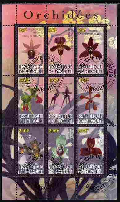 Djibouti 2010 Orchids perf sheetlet containing 9 values fine cto used, stamps on flowers, stamps on orchids