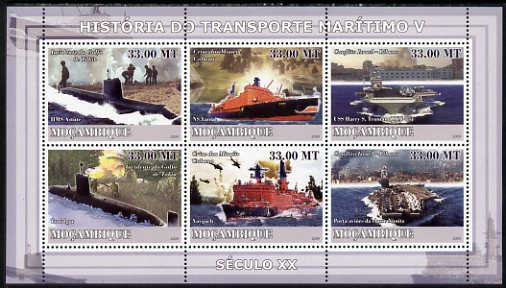 Mozambique 2009 History of Transport - Ships #05 perf sheetlet containing 6 values unmounted mint, stamps on transport, stamps on ships, stamps on submarines, stamps on flat tops, stamps on helicopters