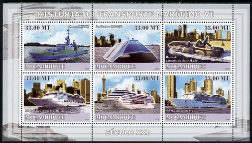 Mozambique 2009 History of Transport - Ships #06 perf sheetlet containing 6 values unmounted mint, stamps on transport, stamps on ships