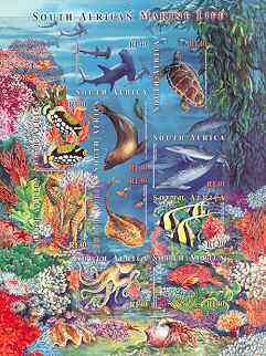 South Africa 2001 Marine Life self-adhesive sheetlet containing 10 values unmounted mint, stamps on marine life, stamps on dolphins, stamps on mammals, stamps on self adhesive, stamps on fish, stamps on coral, stamps on shells, stamps on turtles, stamps on reptiles, stamps on seals, stamps on seahorses