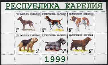 Karjala Republic 1999 Dogs #5 perf sheetlet containing set of 6 values unmounted mint (White border with green text), stamps on dogs, stamps on bernard